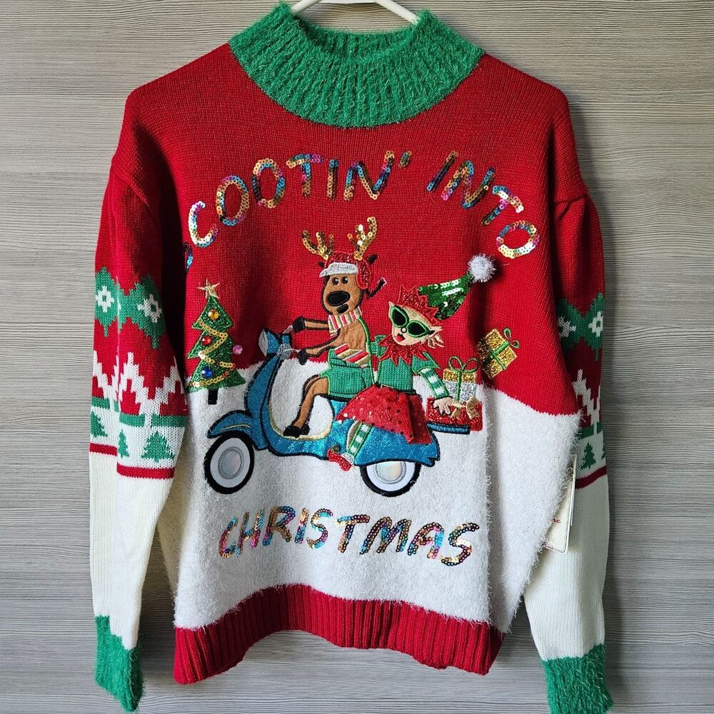 Scootin Into Christmas Ugly Sweater Holiday Size‎ M Sequin Moped Reindeer Granny
